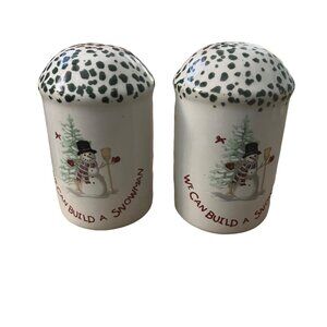Winter Snowman Salt‎ & Pepper Shakers Stoneware White Green Red Christmas